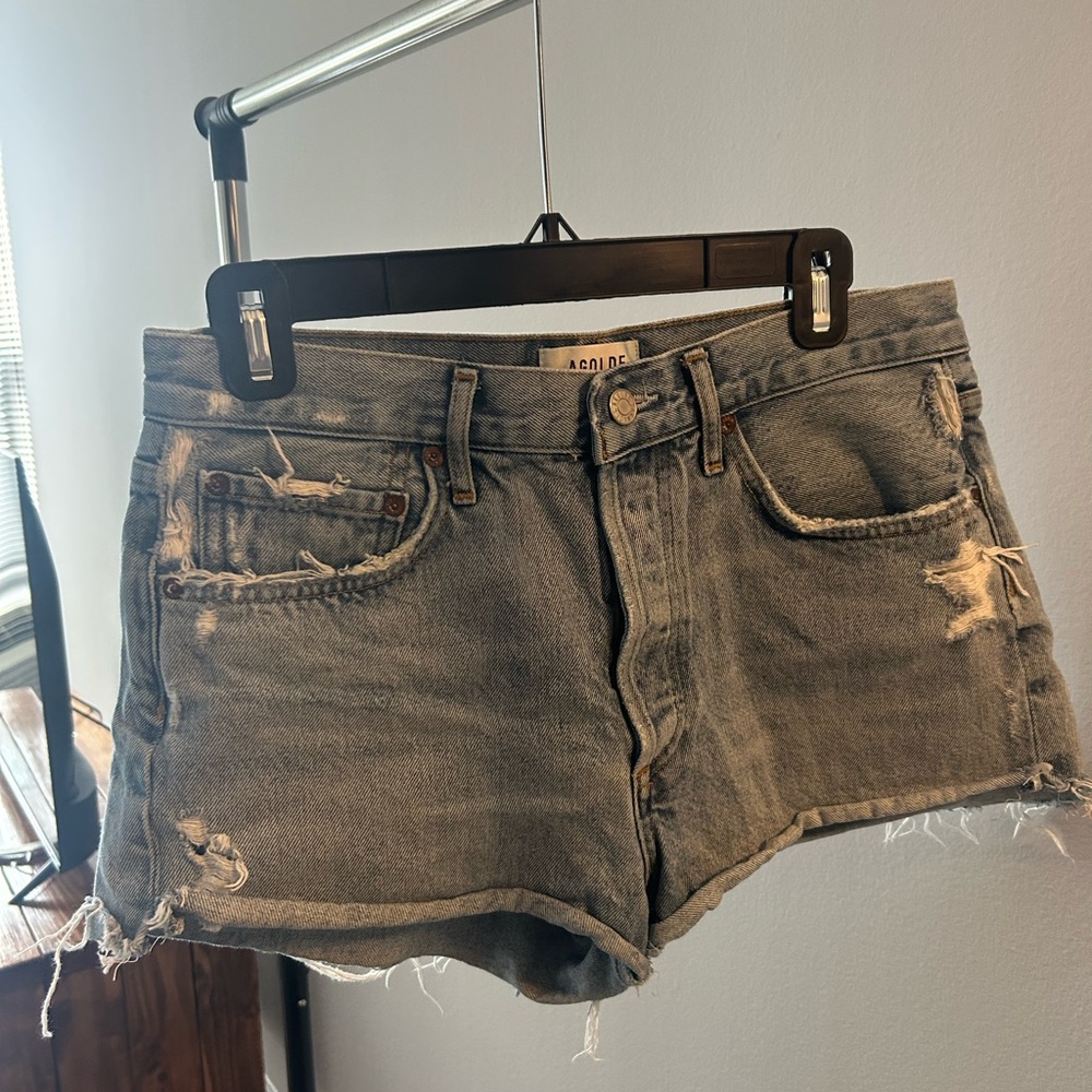 Agolde Washed Light Blue Distressed Denim Shorts